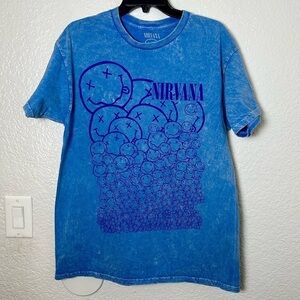 Nirvana Blue Smiley Face Graphic T-Shirt Acid Wash